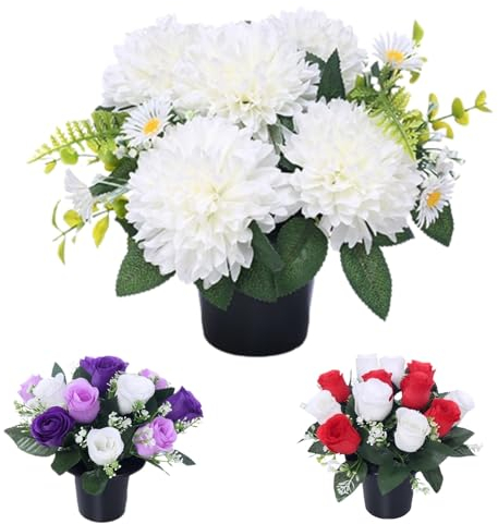 Caliko 25cm Artificial Flower Pots for Graves | Grave Flowers Pots with Improved Design | Chrysanthemum Daisies White Perfect for Memorial Funeral & Cemetery Decoration.