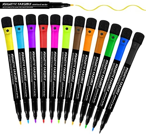 CNMTCCO Whiteboard Pens - 12 Magnetic Whiteboard Markers & Eraser Set, Fine Tip Dry Wipe Markers for Kids Supplies