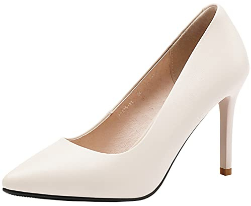 Jamron Mujer Cuero Genuino 9CM Tacones Altos Elegante Puntiagudo Pumps Zapatos de Oficina Beige SN602C015-3 EU37