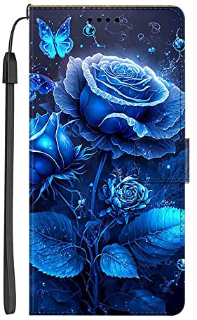 EuoDuo Kompatibel mit Oppo A52 / Oppo A72 / Oppo A92 PU Leder Hülle Wallet Flip Case Handy Tasche Klapphülle Handyhülle mit Kartenfach Magnet Silikon Bumper Schutzhülle - Glitzer Blaue Blume