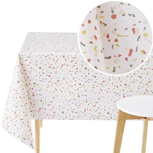KP HOME Tischdecke abwaschbar 300x140cm, Rechteckige PVC Tischdecke mit Terrazzo-Muster, Pflegeleicht, Wasserfest, Abwischbare Esstischdecke für Innen- & Außenbereiche, Cremeweiße Wachstuchtischdecke