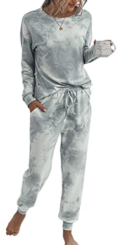 ASOMI Pyjama Damen Lang Schlafanzug Langarm Oberteil Lang Hosenanzug Tie Dye Zweiteilige Nachtwäsche Loungewear mit Taschen 035 Grau Weiß X-Large 1