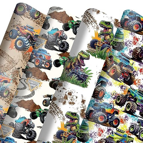 Dtiafu Monster Truck Geschenkpapier für Jungen und Kinder - Bulk Geschenkpapier flach gefaltet für Geburtstag Babyparty Urlaub - Dinosaurier im Pickup Motiv Monster Truck