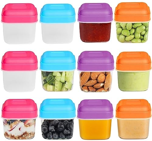 Surflyee Lot de 12 Petite Boîtes Plastique Alimentaire, 100ML Contenant en Plastique avec Couvercle, Petit Pot Conservation Bébé, Mini Pot de Sauce Sans BPA, Passe au Micro-ondes Frigo Lave-vaisselle