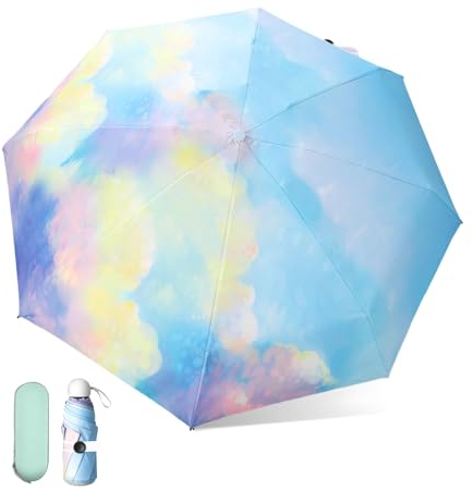 Vesaneae Parapluie Pliant avec 8 Côtes, Parapluie de Soleil, Mini Parapluie Protection Anti-UV Portable avec Boîte à Capsules, Mini Parapluie de Poche Résistant au Vent Parapluie pour Femme (C)