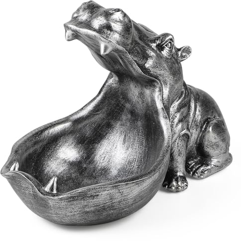 efuturetime Schale Nilpferd, Harz Schlüsselablage Figur, Groß Mund Nilpferd Statue Tischdekoration, Deko Modern, Schlüsselschale für Flur, Wohnzimmer, Büro, Geschenke, Dekoration, Silber-Groß