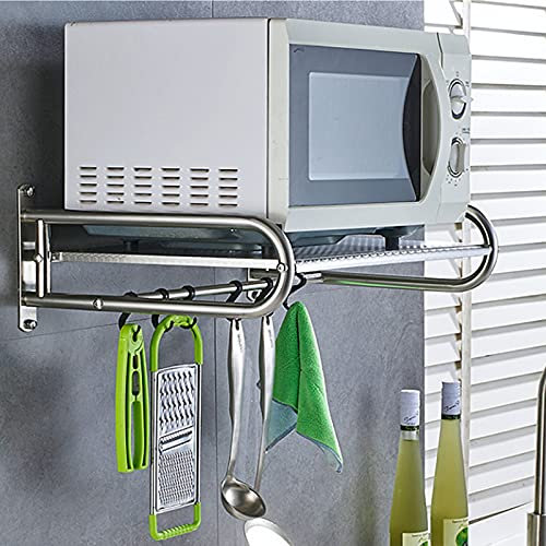 KLOOLIVE Microwave Holder Wall Stand 53 cm Kitchen Shelf Stainless Steel Rack With 6 Hooks