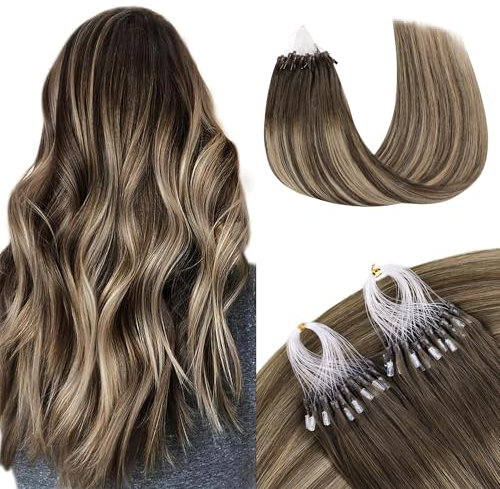 GOO GOO Microring Extensions Echthaar, Haarverlängerungen mit Micro Loop, 35cm 50g 1g/Strand Extensions Echthaar Microring, Cold Fusion Micro Bead, 4/26/4 Schokobraun bis Honigblond