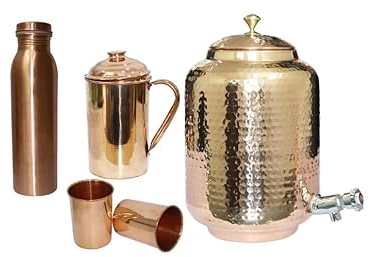BRACOP® Water Pitcher Copper Jug Water Tank Drinking Flask Serving Jug Tableware Small Tumblers Ayurvedic Copper Drinking Cup Embossed Glasses Leakproof Water Bottle For Travel