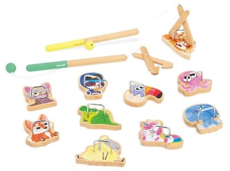 Janod - Angelspiel Applepop - Geschicklichkeitsspiel für Kinder - 2 Greifer + 10 Tiere + 1 Beutel - Fördert Handgeschicklichkeit und Konzentration - Spielzeug aus FSC-Holz - Ab 3 Jahre, J03352