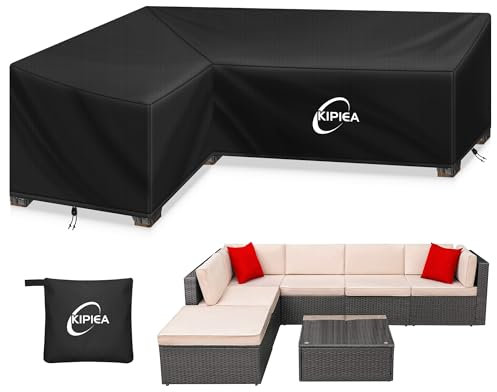 Kipiea Funda para Muebles de Jardín en Forma de L, Fundas Sofá Jardin Exterior Impermeable, 420D Tela Oxford Funda Protectora Sofá Exterior en L, Resistente al Viento, Anti-UV (214x264x85x78/61cm)