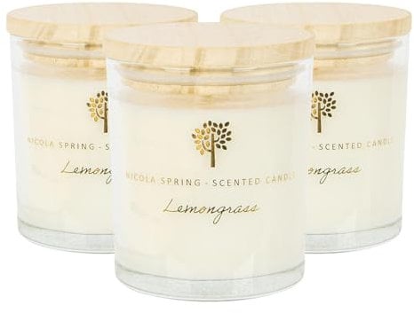 Nicola Spring Lemongrass Scented Candle - 130g - 3 Pack - 21 Hour Burning Time Natural Soy Wax Single Wick Candles Relaxing Fragrance Aromatherapy Gift Set