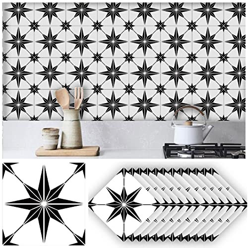 Neukids 24pcs 15×15cm Black and White Tile Stickers Classic Eight-Pointed Star, Peel and Stick Adhesive Tiles,Bathroom Laundry RV Panels Fireplace Cooker Kitchen Backsplash Self Adhesive