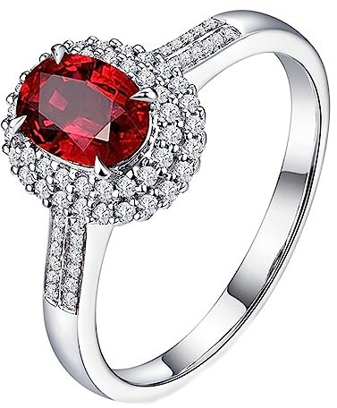 Verlobungsring Damen Breit, Trauringe Weißgold 750 Halo Labor Geschaffener Rubin 0.8ct Ovale Form Taubenblutrot Gr.57 (18.1) 18K Weißgold