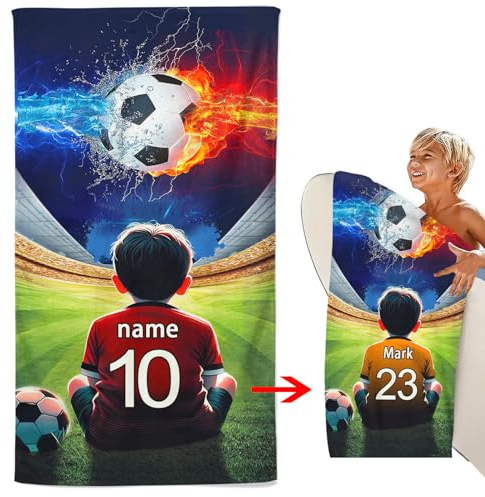 CHEFFS Personalisiert Fußball Strandtuch Mit Namen, Personalisiertes Fußball Handtuch Mit Namen Badetuch Mikrofaser Strandtuch 70x140cm Badetuch Handtuch Saunatuch Fußball (60 x 120 cm,1)