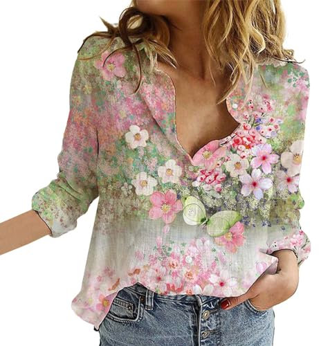 Women's Casual V Neck Boho Floral Print Roll Up Long Sleeve Chiffon Button Down Blouses Bohemian Top Shirts(Pink,Medium)