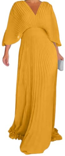 Onsoyours Damen Sommer V-Ausschnitt Fledermaus Langkleider Kurzarm Maxikleid Casual Lose Hohe Taille Flowy Lange Strandkleid Einfarbig Partykleid A Gelb L