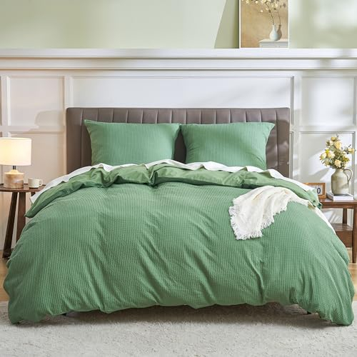 Simple&Opulence Bettwäsche 220x240 Baumwolle 3 Teilig,Waffelmuster Sommer Bettwäsche-Sets mit 80x80 cm Kissenbezug,ÖkoTex Zertifiziert Bettbezug Set,Waldgrün