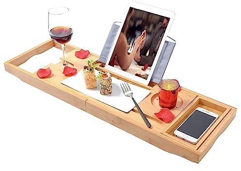 Badland Bambus Badewannenablage Badewannentablett Ablage Badewanne ausziehbar Premium Badewannen Tablett Zubehör aus Bambus Holz für Bett Bathtub Tisch Frühstückstablett