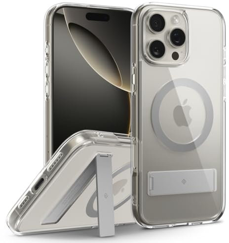 Caseology Capella Mag Kickstand for iPhone 16 Pro Case [Built-in Kickstand] Magnetic Military Grade Drop Protection Side Grip Patterns Case Cover for iPhone 16 Pro - Clear Grey