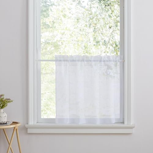 PONY DANCE Scheibengardine mit Stangedurchzug Gardinen Weiß Transparent Fenstergardine Kurz Bistrogardine Küche Wohnwagen Vorhang 1er Set B 90 x H 45 cm für Kleine Fenster