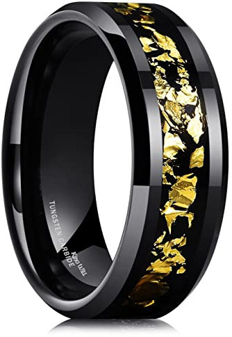 King Will NATURE Mens 8mm Black Tungsten Carbide Wedding Ring with Black and Gold Foils Inlay Beveled Edge Foils Tungsten Ring X(12)