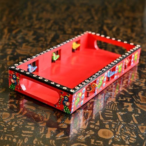LOVENSPIRE Wooden Serving Tray Hand Painted Tray Indian Decorative Platters for Snack Tea Kitchen Home Restaurant Dinning Table Decor - Breakfast Tray with Handles Great Gift Idea