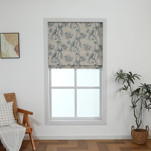 Everyday Celebration Peacock 100% Blackout Dual Layered Pull-Down Roman Shade for Windows, Peacock Pattern Printed on Natural Fabric Roman Shades for Home 27 W x 64 H Blue