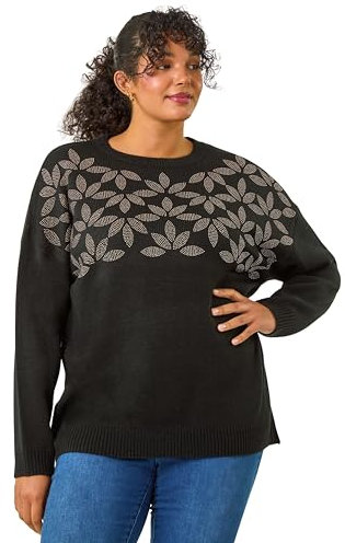 Roman Curve Leaf Print Hotfix Knit Jumper for Women UK - Ladies Everyday Autumn Winter Round Neckline Comfy Soft Evening Vacation Work Party Night Out - Black Plus - Size 20