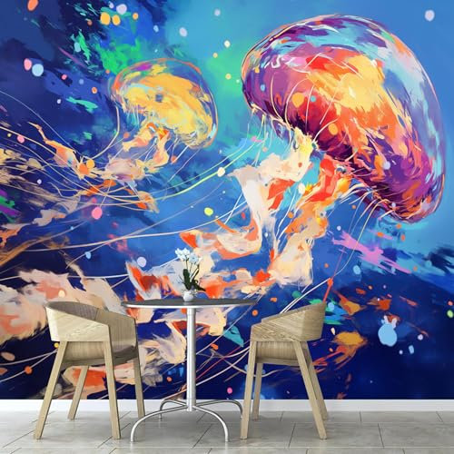 Aquarell Quallen Tapete Wandbild 3D Fototapete Meereslebewesen Wandtapete Foto für Modernes Design der Fernseh Hintergrund Wand-Kunst-Deko 350× 256 cm