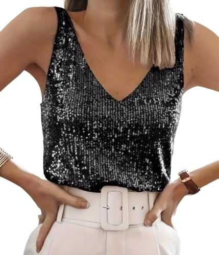 ORANDESIGNE Tanktops Pailletten Damen V-Ausschnitt Ärmelloses Top mit Schimmernden Pailletten Glitzer Oberteile Abend Glitzertop Frauen Party Disco Outfit Damen