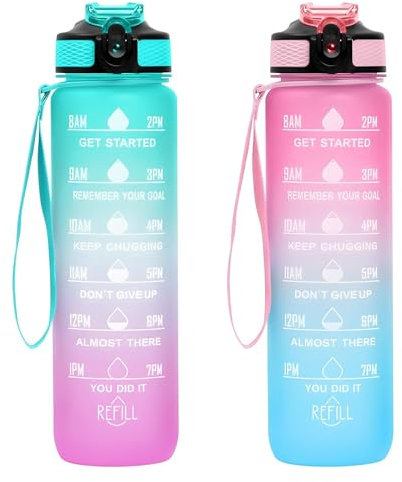 2 Stück Trinkflasche 1L, BPA-Frei Tritan Wasserflasche mit Strohhalm, Sport water bottle mit Zeitmarkierung für Fitness, Schule, Yoga, Outdoor (2 Stück Hellgrün-Hellrosa, Rosa-Hellblau)