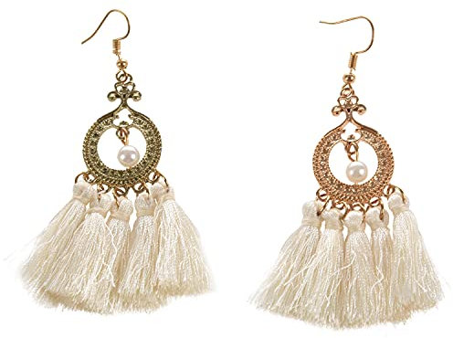 Muuoeou Vintage Fransen Lange Quaste Ohrring für Frauen Hochzeit Böhmischen Schmuck Ohrringe Beige
