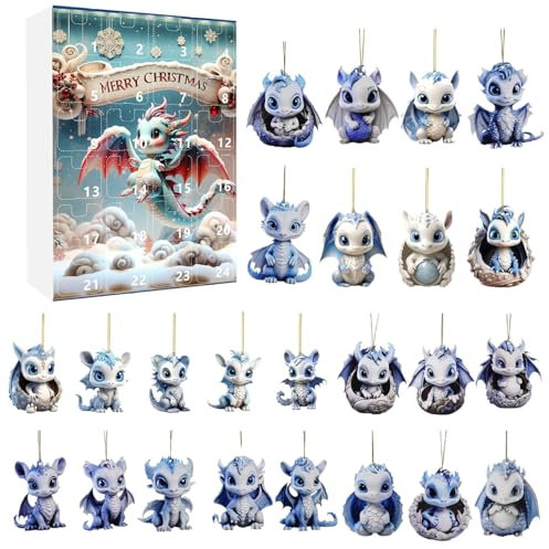 Weihnachten Adventskalender 2024, 24 Tage Weihnachten Countdown Kalender mit 2D Blau Dinosaurier Anhänger, Acryl Hängende Spielzeug Adventskalender 2024 für Weihnachtsbaum Dekor, Geschenke Weihnachten