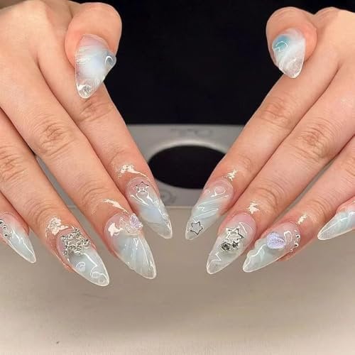 TELAIN 24 Piece Press-On Nails, Medium Almond Ombre Blue Y2K False Nails with 3D Metal Star Design, Full Cover Artificial Acrylic Nails for Women's Manicure