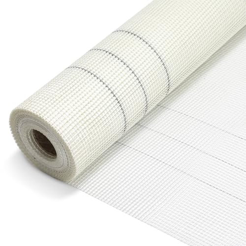 Eikuavons Tissu d'armature 160 g/m², 1 m x 50 m, en fibre de verre, 4 x 4 mm, pour le plâtre intérieur et extérieur, isolation de façade, protection contre les fissures, grille d'armature (blanc)