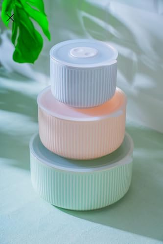 Acar Modernes Porzellan Aufbewahrungsset, 3-teilig mit Vakuumdeckel, Gerippt-Design, Pastellfarben