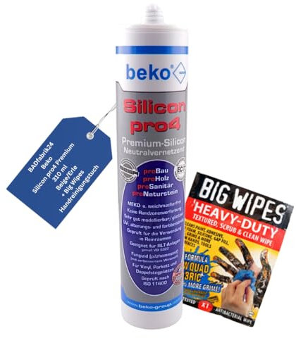 BADfabrik24 Beko Silicon pro4 Premium 310 ml + Big Wipes – Profi-Silikon für Bad, Küche & Bau – Schimmelresistent, haftstark, UV-beständig (Beige/Erle, 1)