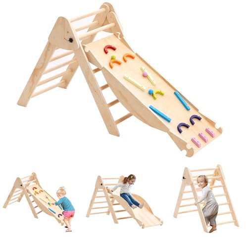 Arkyomi Kinder klettergerüst Indoor/Outdoor kletterdreieck mit rutsche,3in1 Kinder Holz Klettern Indoor Spielplatz ab 1 Jahr,Baby spielgeräte Klettergeräte Mit Wippe
