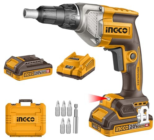 INGCO 20V Cordless Drywall Screwdriver, Brushless Motor, Adjustable Depth, 4200RPM with 1Pcs 2.0Ah Battery and 1Pcs Charger, Packed by Carrying Case CDSLI204281