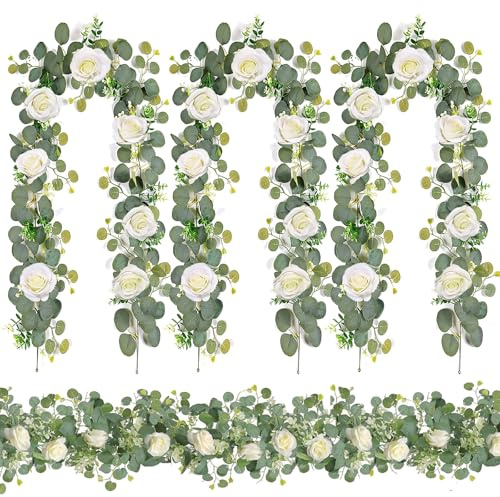 PORFOYO 3 Stück Künstliche Blumengirlande 1,8M, Eukalyptus Girlande, Künstliche Girlanden Eukalyptus, Kunstblumen Girlande, Blumengirlande Künstlich Für Hochzeit Tischdeko Garten Party Dekor