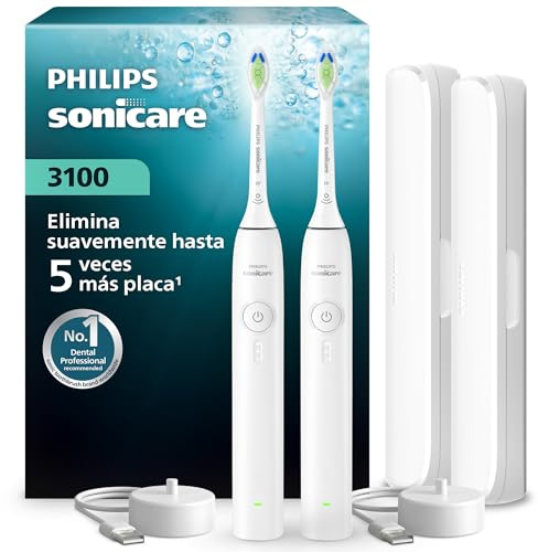 Philips Sonicare Series 3100 Elektrische Zahnbürste – Schallzahnbürste mit Drucksensor, 3 Intensitäten, EasyStart, SmarTimer, 14 Tage Laufzeit, Reiseetui, Weiß, 2er-Pack, HX4072/41, [Neu]
