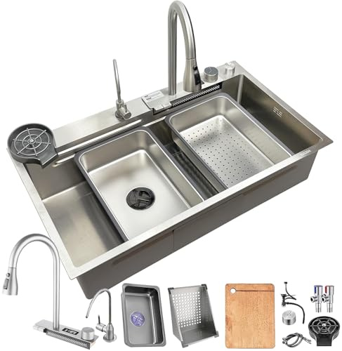 HZKSINNK Lavello da cucina da 80 x 50 cm, in acciaio inox 304 spazzolato, con sgocciolatoio, sifone, scarico 1 vasca, lavello da incasso, lavello da cucina, rettangolare, grande