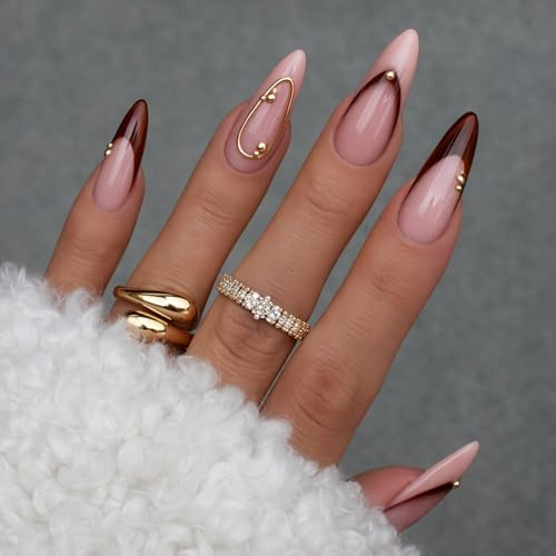 Long Almond Stiletto Press On Nails With Nude Pink To Deep Brown Ombre French Tips Gold Metal Decorations - Medium Shape Reusable Salon Quality False Nails For Women Elegant Touch Everyday Wear