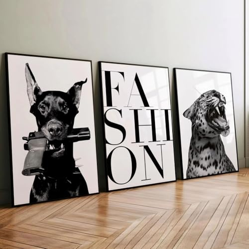 JORCEDI 3er Poster Set, Mode Hund Leopard Bild,Schwarz-Weiß Fashion Wandkunst Set, Lustiges Tierposter, für Wohnzimmer Schlafzimmer, Ohne Rahmen (30x40cm)