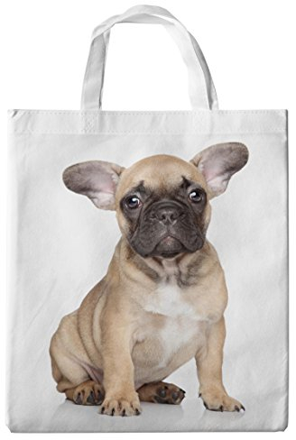 Einkaufstasche/Tragetasche/Shopper/mit Henkeln - 38x42cm - Motiv: Französische Bulldogge brauner Welpe sitzend - 07