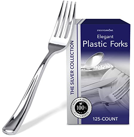 Stock Your Home 125 Disposable Heavy Duty Plastic Forks, Fancy Plastic Silverware Looks Like Real Cutlery - Utensils Perfect for Catering Events, Restaurants, Parties and Weddings (Silver)