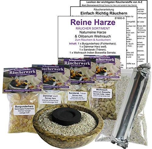WEIHRAUCH + DAMMARHARZ + BURGUNDERHARZ + SANDARAK 4X Harze zum räuchern. 9-TLG RÄUCHERSORTIMENT mit Räucherschale und Zubehör für Rauhnächte, energetische Hausreinigung etc. 81900-9B