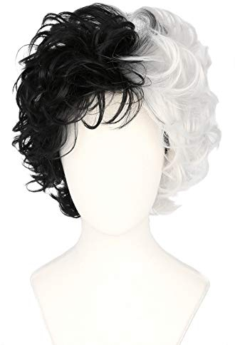 Topcosplay Perücke Schwarz Weiß, Damen Cosplay kurz Perücke Lockige für Karneval Halloween