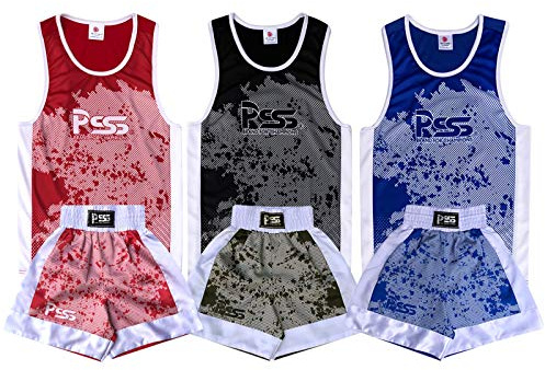 PSS Boxen Kurze Hose Shorts + Tanktop Boxing Set Kinder 3 bis 14 Jahre Boxsport Boxen Anzug Kick Boxing Kickboxen Muay Thai Design Sublimation, Blau Größe 11-12 Jahre